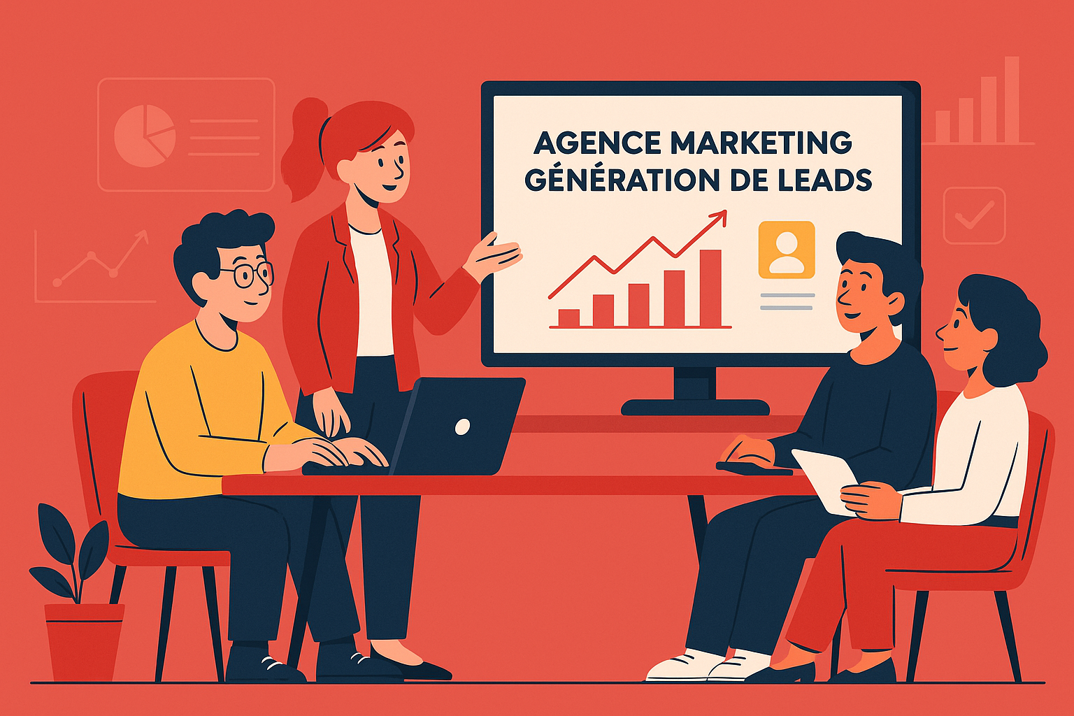 Équipe d’une agence marketing analysant les résultats d’une campagne de génération de leads.
