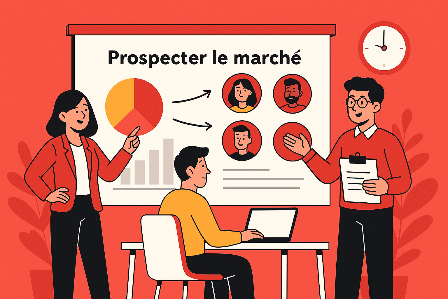 Illustration d’une équipe analysant le marché pour cibler les bons segments et structurer sa prospection.