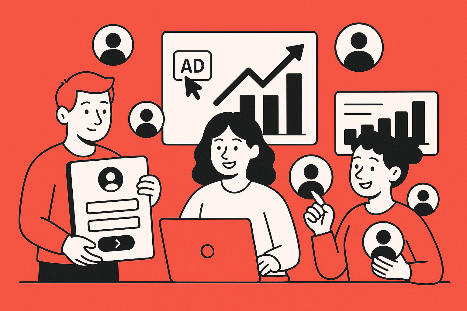 Agence marketing illustrée en train de générer et analyser des leads qualifiés sur différentes plateformes.